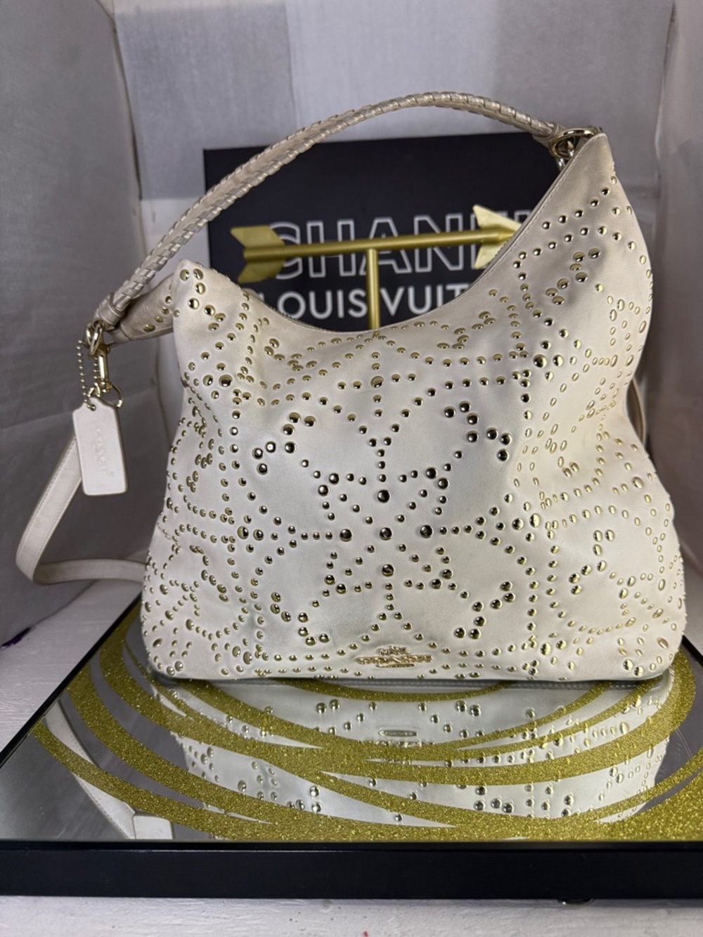 Coach Cream Leather Studded Hobo with Braided Handle